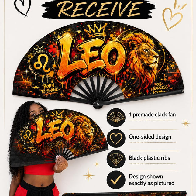 Leo Season Clack Fan, Custom Zodiac Fan, Leo Birthday Fan, Astrology Gift, Crowned in Confidence Fan, Festival Fan, - Predesigned