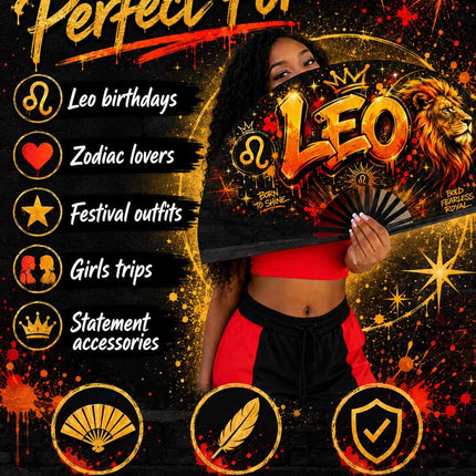 Leo Season Clack Fan, Custom Zodiac Fan, Leo Birthday Fan, Astrology Gift, Crowned in Confidence Fan, Festival Fan, - Predesigned
