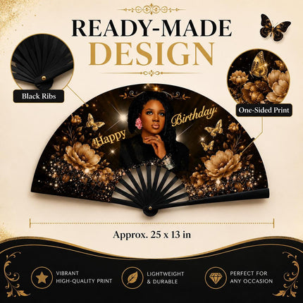 Custom Birthday Clack Fan With Photo, Personalized Birthday Fan, Add Your Photo Party Fan, Black Gold Floral Hand Fan, Birthday Gift for Her