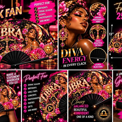 Libra Clack Fan 25x13, Pre Designed Zodiac Fan, Libra Birthday Gift, Pink Gold Hand Fan, Libra Season Gift, Astrology Fan