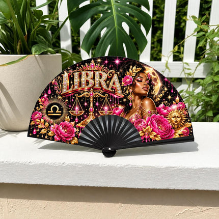 Libra Clack Fan 25x13, Pre Designed Zodiac Fan, Libra Birthday Gift, Pink Gold Hand Fan, Libra Season Gift, Astrology Fan