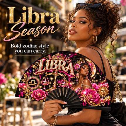 Libra Clack Fan 25x13, Pre Designed Zodiac Fan, Libra Birthday Gift, Pink Gold Hand Fan, Libra Season Gift, Astrology Fan