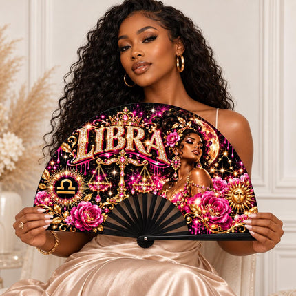Libra Clack Fan 25x13, Pre Designed Zodiac Fan, Libra Birthday Gift, Pink Gold Hand Fan, Libra Season Gift, Astrology Fan