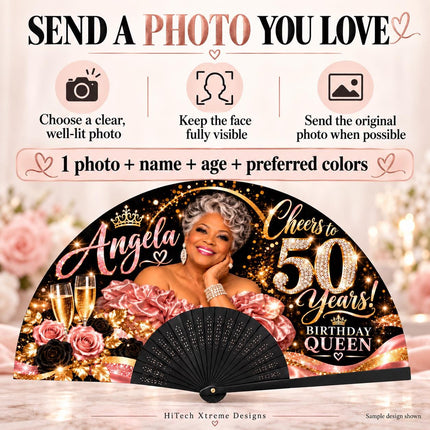 Personalized Birthday Clack Fan with Photo, Name & Age, 25x13 Custom Milestone Fan, Cheers to 50 60 70 80 Years