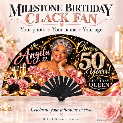 Personalized Birthday Clack Fan with Photo, Name & Age, 25x13 Custom Milestone Fan, Cheers to 50 60 70 80 Years