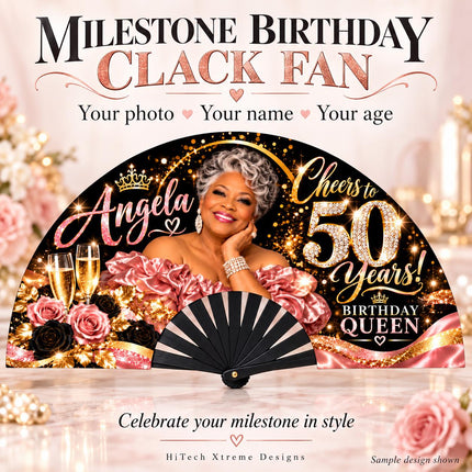 Personalized Birthday Clack Fan with Photo, Name & Age, 25x13 Custom Milestone Fan, Cheers to 50 60 70 80 Years