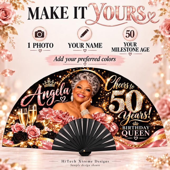 Personalized Birthday Clack Fan with Photo, Name & Age, 25x13 Custom Milestone Fan, Cheers to 50 60 70 80 Years