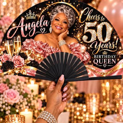 Personalized Birthday Clack Fan with Photo, Name & Age, 25x13 Custom Milestone Fan, Cheers to 50 60 70 80 Years