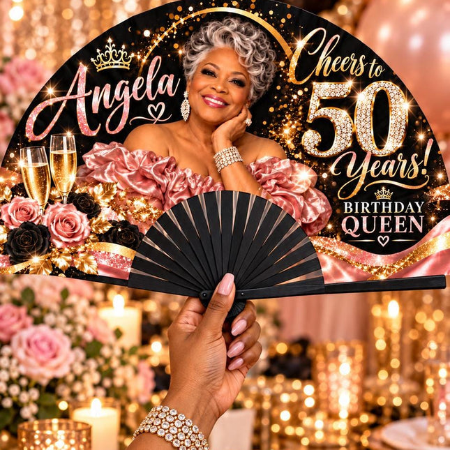 Personalized Birthday Clack Fan with Photo, Name & Age, 25x13 Custom Milestone Fan, Cheers to 50 60 70 80 Years