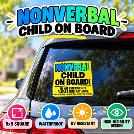 Autism On Board Sticker 5x5 | Child Safety Car Sticker | Nonverbal Child, Sensory Sensitive, Elopement Risk, Autism Awareness