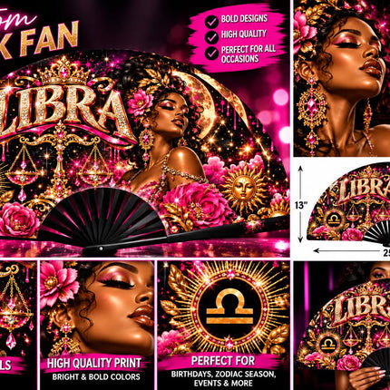 Libra Clack Fan 25x13, Pre Designed Zodiac Fan, Libra Birthday Gift, Pink Gold Hand Fan, Libra Season Gift, Astrology Fan