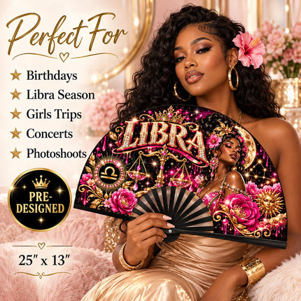 Libra Clack Fan 25x13, Pre Designed Zodiac Fan, Libra Birthday Gift, Pink Gold Hand Fan, Libra Season Gift, Astrology Fan