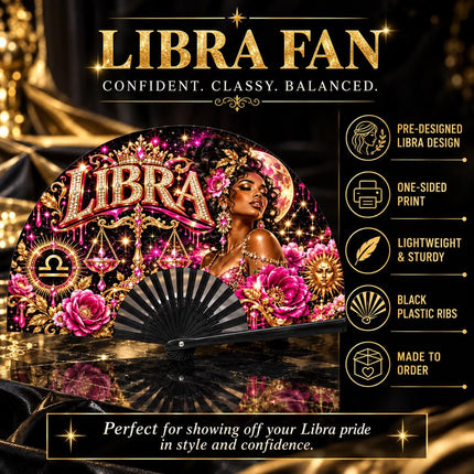 Libra Clack Fan 25x13, Pre Designed Zodiac Fan, Libra Birthday Gift, Pink Gold Hand Fan, Libra Season Gift, Astrology Fan