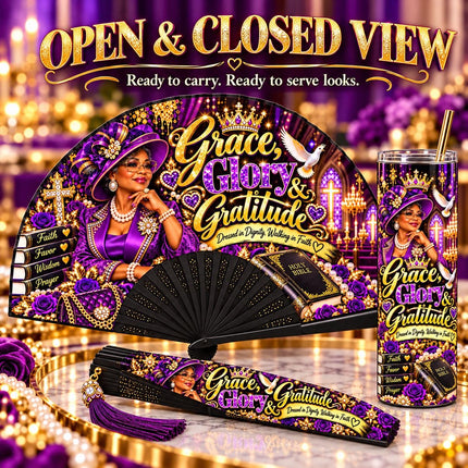 Grace Glory & Gratitude Clack Fan and 20oz Tumbler Set, Church Lady Gift