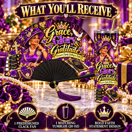 Grace Glory & Gratitude Clack Fan and 20oz Tumbler Set, Church Lady Gift