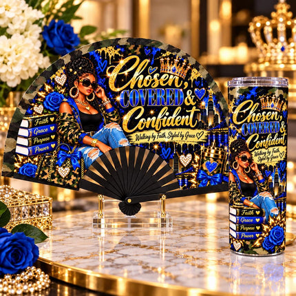 Chosen Covered Confident Clack Fan & 20oz Tumbler Set, Faith Gift for Women