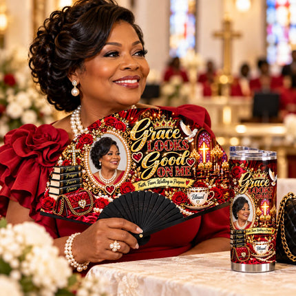 Personalized Photo Clack Fan & 20oz Tumbler Set, Church Lady Gift, Grace Looks Good on Me