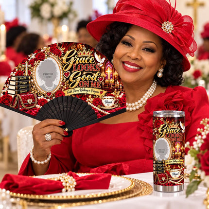 Personalized Photo Clack Fan & 20oz Tumbler Set, Church Lady Gift, Grace Looks Good on Me