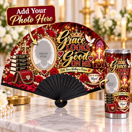 Personalized Photo Clack Fan & 20oz Tumbler Set, Church Lady Gift, Grace Looks Good on Me