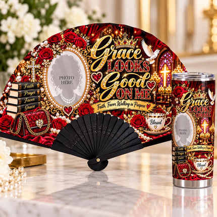 Personalized Photo Clack Fan & 20oz Tumbler Set, Church Lady Gift, Grace Looks Good on Me