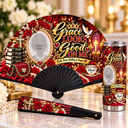 Personalized Photo Clack Fan & 20oz Tumbler Set, Church Lady Gift, Grace Looks Good on Me