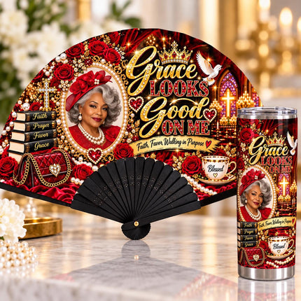 Personalized Photo Clack Fan & 20oz Tumbler Set, Church Lady Gift, Grace Looks Good on Me