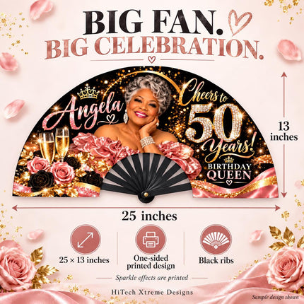 Personalized Birthday Clack Fan with Photo, Name & Age, 25x13 Custom Milestone Fan, Cheers to 50 60 70 80 Years