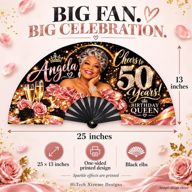 Personalized Birthday Clack Fan with Photo, Name & Age, 25x13 Custom Milestone Fan, Cheers to 50 60 70 80 Years