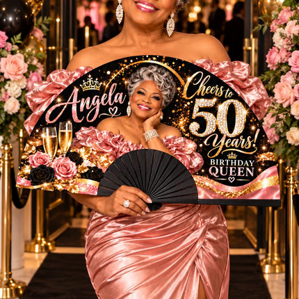 Personalized Birthday Clack Fan with Photo, Name & Age, 25x13 Custom Milestone Fan, Cheers to 50 60 70 80 Years