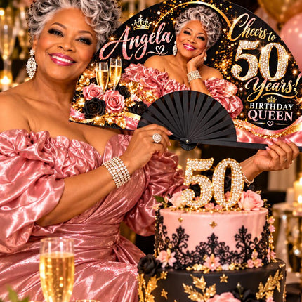 Personalized Birthday Clack Fan with Photo, Name & Age, 25x13 Custom Milestone Fan, Cheers to 50 60 70 80 Years