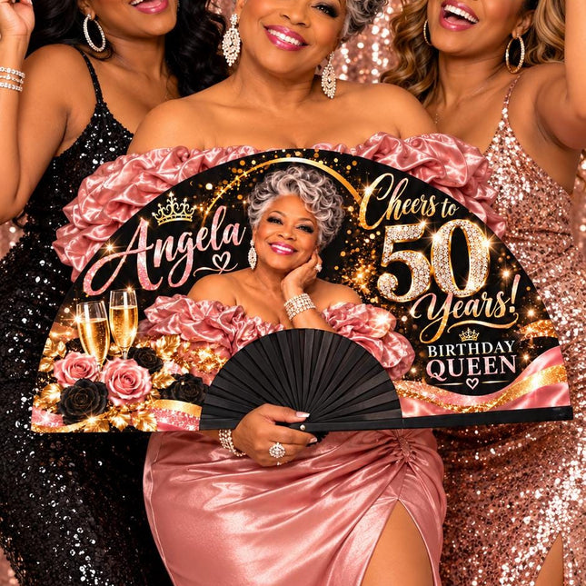 Personalized Birthday Clack Fan with Photo, Name & Age, 25x13 Custom Milestone Fan, Cheers to 50 60 70 80 Years