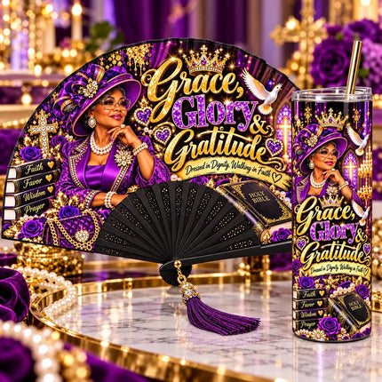 Grace Glory & Gratitude Clack Fan and 20oz Tumbler Set, Church Lady Gift