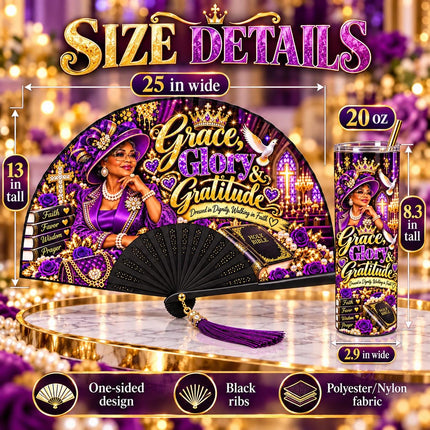 Grace Glory & Gratitude Clack Fan and 20oz Tumbler Set, Church Lady Gift
