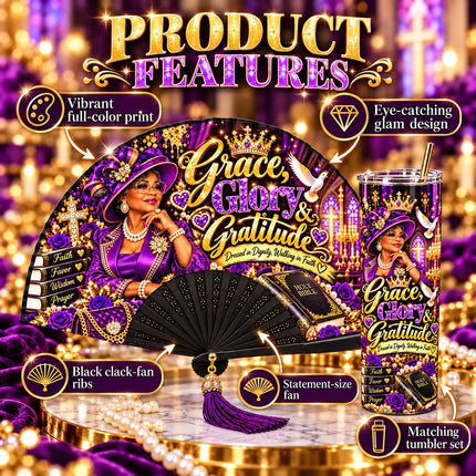 Grace Glory & Gratitude Clack Fan and 20oz Tumbler Set, Church Lady Gift