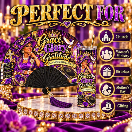 Grace Glory & Gratitude Clack Fan and 20oz Tumbler Set, Church Lady Gift