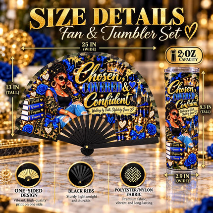 Chosen Covered Confident Clack Fan & 20oz Tumbler Set, Faith Gift for Women