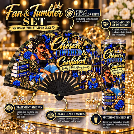 Chosen Covered Confident Clack Fan & 20oz Tumbler Set, Faith Gift for Women
