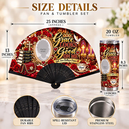 Personalized Photo Clack Fan & 20oz Tumbler Set, Church Lady Gift, Grace Looks Good on Me