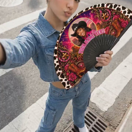 Custom Western Photo Clack Fan, Cow Print Folding Fan, Hot Pink Cowgirl Fan, Personalized Birthday Fan, Black ABS Plastic Ribs