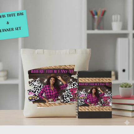 Custom canvas Tote Bag & Planner Set – Extra large Zippered 18.5x15 Tote, mommy Bag, travel kit, Birthday Gift, 2026 planner -where fans at?